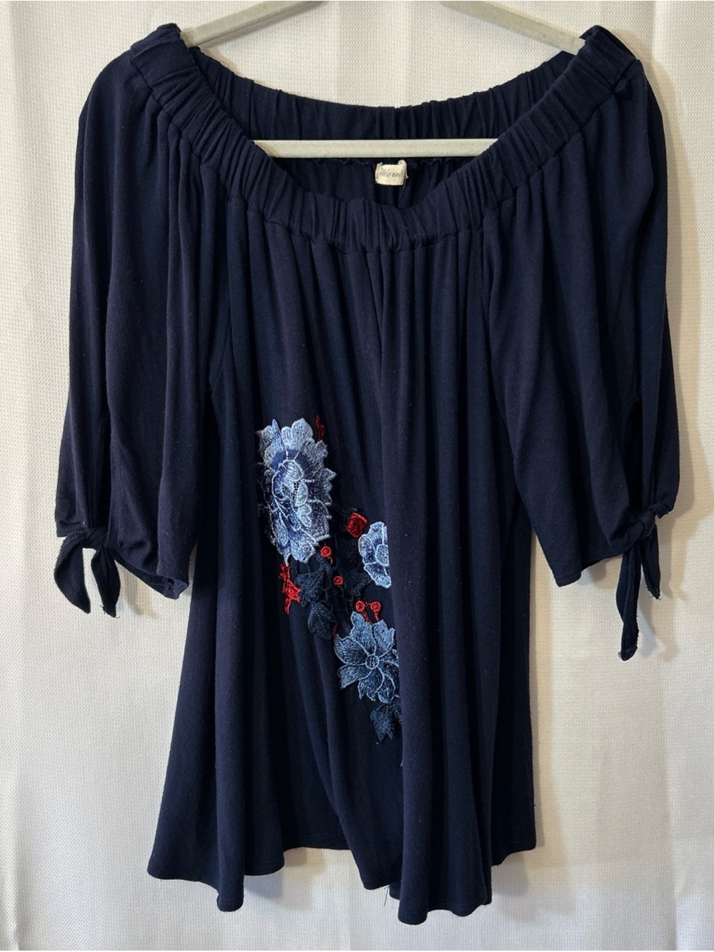 pebble and stone Navy Off-Shoulder Blouse with Blue & Red Floral Embroidery USA
